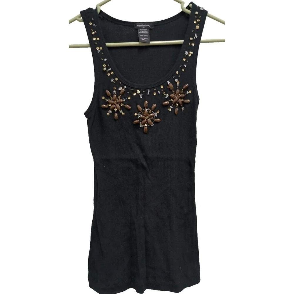Eyeshadow Tank Top Womens Medium Black Beaded Ribbed Cotton Y2K Boho Embellished